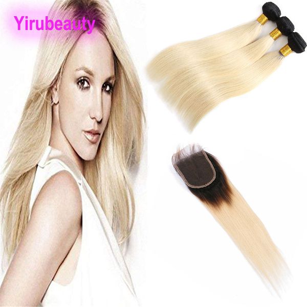 

indian unprocessed human hair 3 bundles with 4x4 lace closure baby hair wefts with closure 1b/613# blonde two tones, Black;brown
