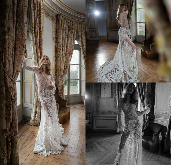 

2019 inbal dror mermaid wedding dresses deep v neck lace appliques sequins sweep train beach wedding dresses long sleeve bridal gowns, White