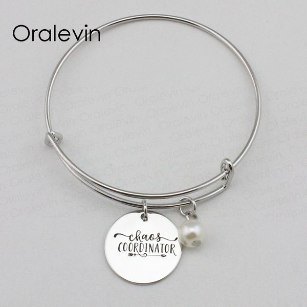 

chaos coordinator inspirational hand stamped engraved pendant charm expandable wire bangle bracelet jewelry,10pcs/lot, #ln2309b, Black