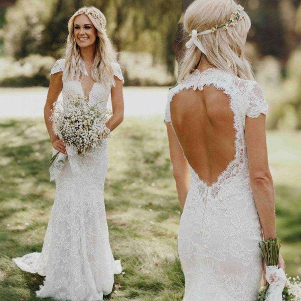 

new deep v neck cap sleeved mermaid berta bohemian wedding dresses full lace backless sweep train garden beach bridal gowns custom made, White