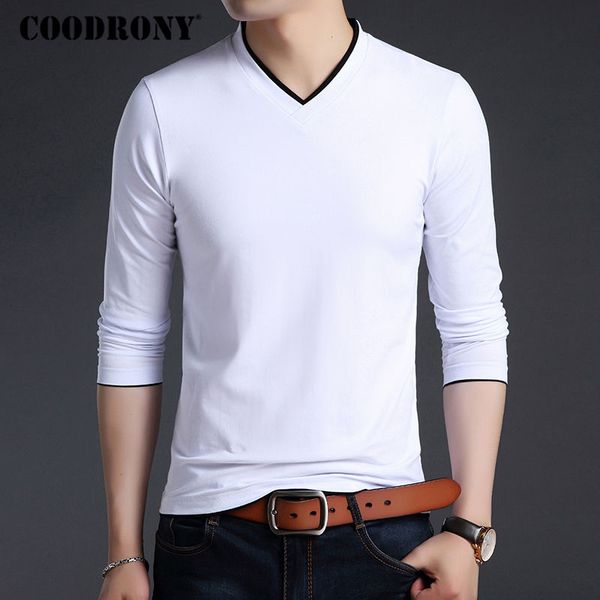 

coodrony t shirt men brand clothes 2018 autumn soft cotton t-shirt men casual double v-neck long sleeve tee shirt homme 8605, White;black