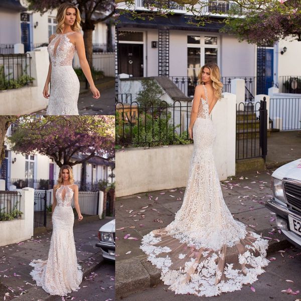 

очаровательные блестящие шампанское русалка свадебные платья 2019 sexy backless кружева из бисера выдалбливают полный кружева свадебные плат, White
