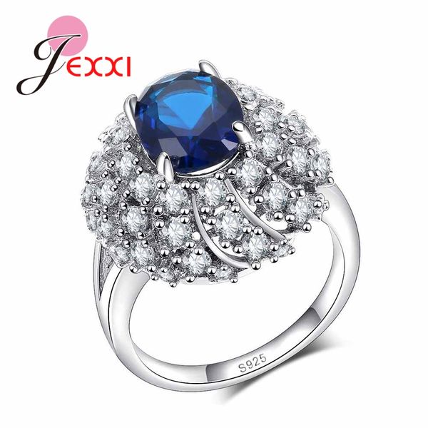 

whole salejexxi fashion 925 sterling silver genuine cubic zircon wedding ring anel for women with blue austrian crystal anillos flower, Golden;silver