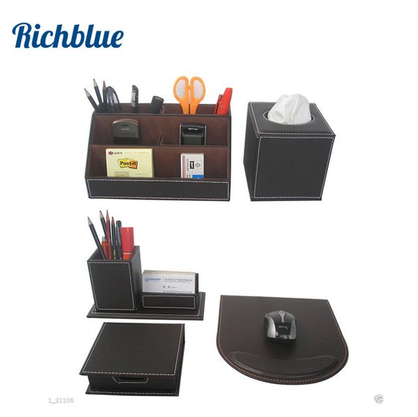 

5pcs/set leather desk stationery organizer box pens cards holder office supplies tissue case