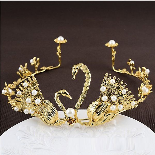 

gold silver baroque bridal tiara swan crown wedding hair accessories gorgeous bride princess headwear imitation pearls gifts, White;golden