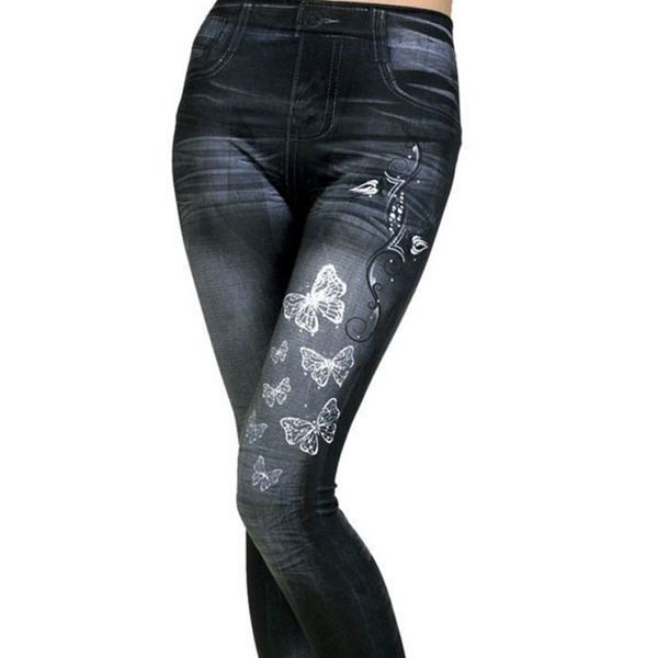 

women butterfly printed slim leggings high waist stretchy casual skinny line pencil pants blue black new