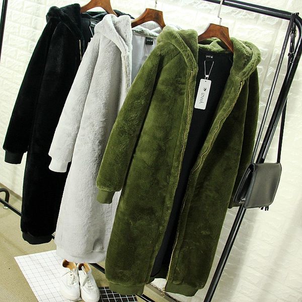 

long coats winter women soft hairy faux fur warm hooded plush coat cardigan female students knee length overcoats outwear, Black
