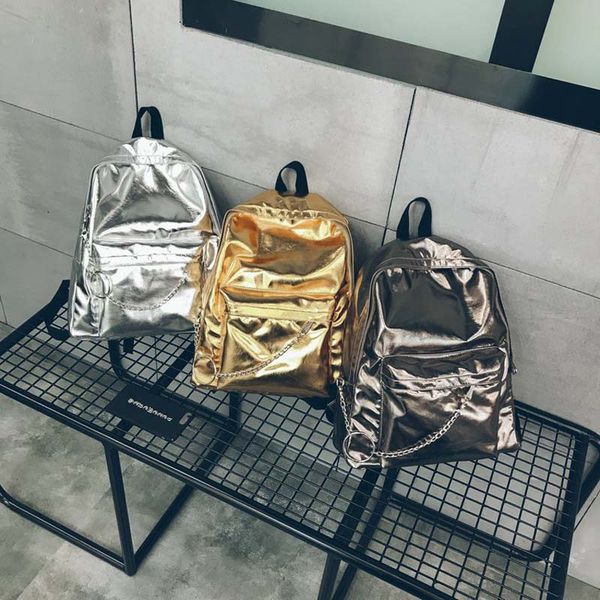 New Fashion Patent Leather Hologram Plain Backpacks Street Style