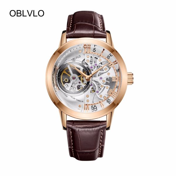 

oblvlo luxury casual watches rose gold tone genuine leather strap skeleton automatic watches for men obl8238, Slivery;brown