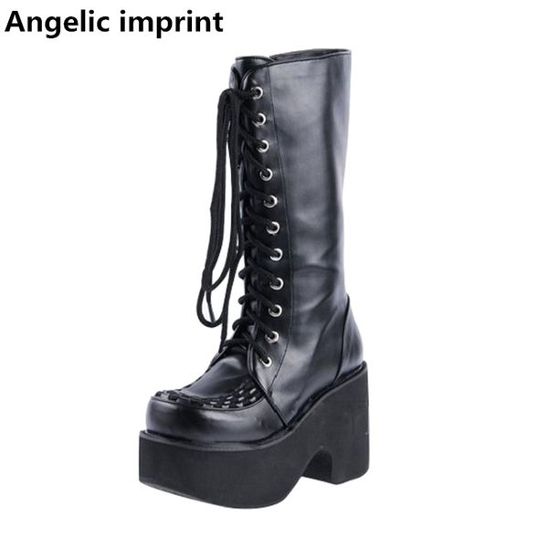Women Wedge Talons Hauts Lacets Cosplay bottes hautes taille Plate-forme Lolita Fashion