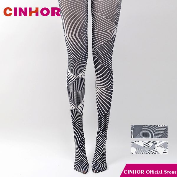 

cinhor design black&white stripe gradient vintage printing pantyhose jacquard leg slimming hips molding breathable elastic tight