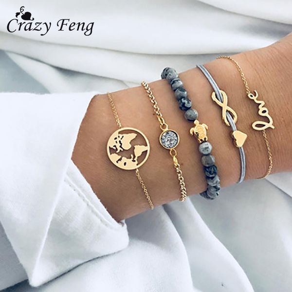 

2018 new bohemian heart love link chain bracelet bangles women vintage natural stone beads bracelet set fashion homme jewelry, Golden;silver
