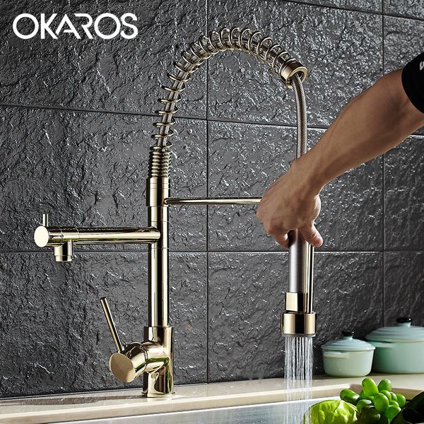 

okaros kitchen brass faucet pull down double sprayer golden finished vessel sink basin faucet cold water tap mixer