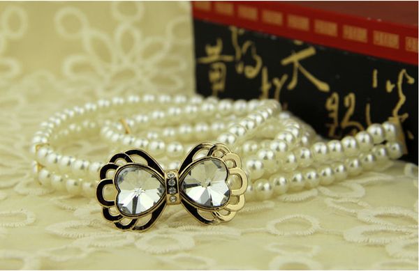 

woman's faux beads pearls belt with cystal bowknot chain wedding bride party stage dress waist band sash jy024, Black;red
