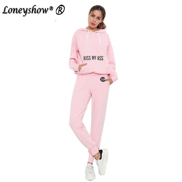 

loneyshow women winter tracksuit letter print hooded long sleeve hoodies casual loose pant drawstring cotton sweatshirts set, White