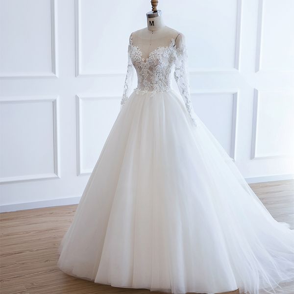 

tulle ball gown wedding dresses with appliques 2019 long sleeves boho wedding gowns sweep train bridal gown, White