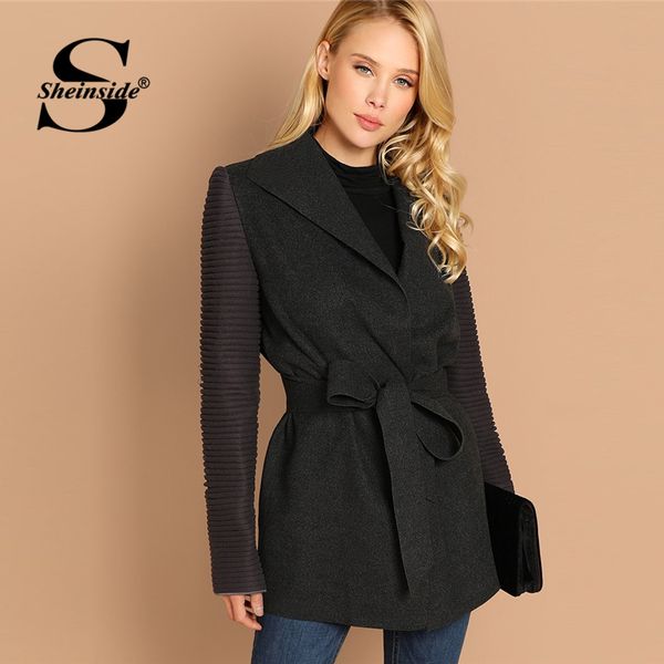 

sheinside grey quilted sleeve belted coat women autumn jacket 2018 office ladies workwear wrap outwear womens coats and jackets, Black;brown