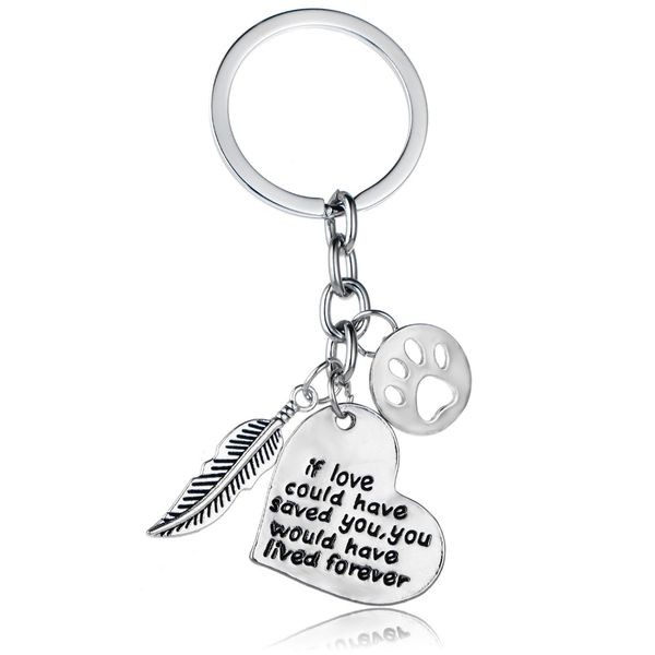 

12 pc/lot if love could have saved you heart pendant keychain hollow dog print feather key ring gift animal lovers jewelry, Silver