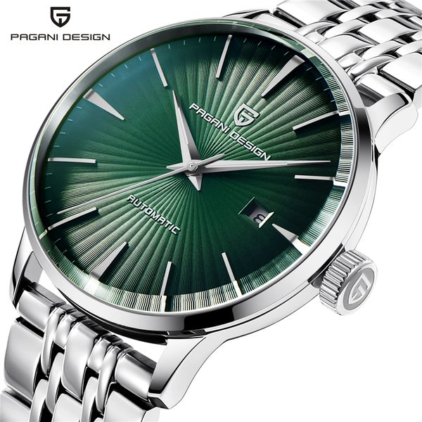 

pagani design new fashion green dial full stainless steel mechanical watch men waterproof wristwatches reloj hombre, Slivery;brown