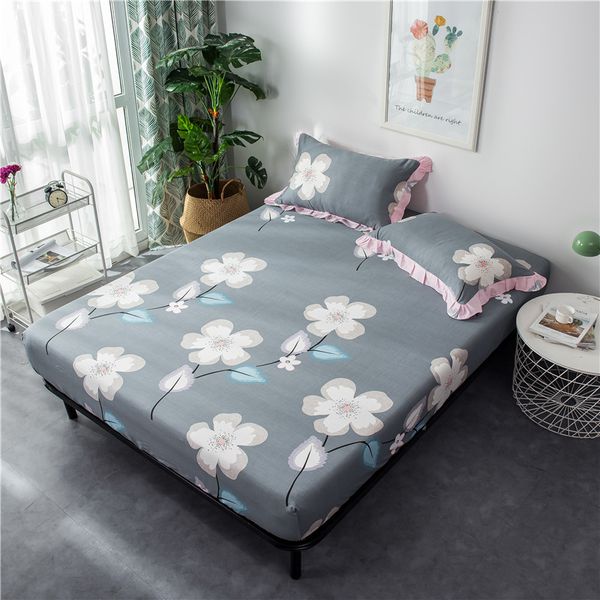 

cotton soft fabric colorful flowers pillowcases with lace fitter sheet with rubber set 3 pieces bedding sheet set