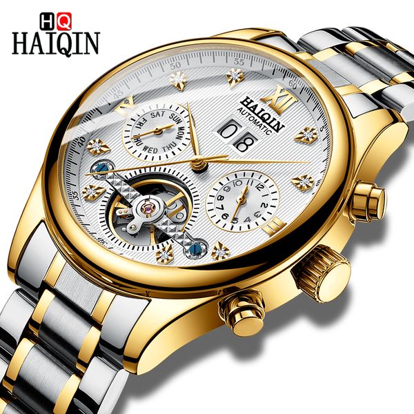 

haiqin automatic mechanical watch men business stainless steel wristwatch luxury watch waterproof calendar clock relojes hombre, Slivery;brown