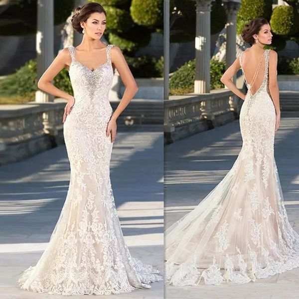 Zuhair Murad Vestido de noiva Mermaid Apliques de renda de coragem Vestidos de noiva Bridal Backless Sexy Gothic Trumpet Dress for Brides