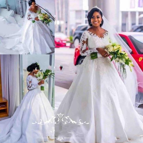 

African Plus Size Wedding Dresses Scoop Lace Appliques Satin long Train Wedding Gowns Formal Wear Country Bridal Dress