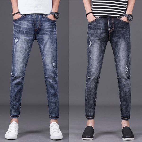 

casual men's denim jeans classic scratched men jeans pants hole ankle-length pants black blue men