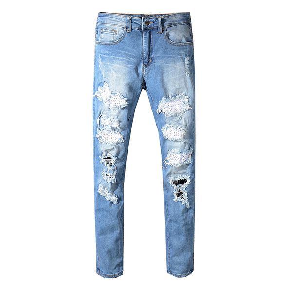 

wholesale- punk jeans designer rivet pants aquaman mens slim straight biker skinny jeans men women ripped men women jeans, Blue