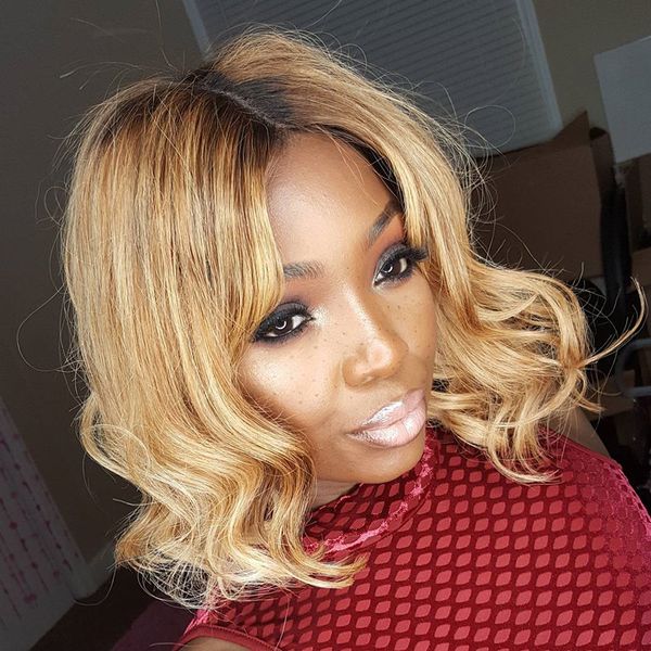 Short Bob Wavy Virgin Hair Full Lace Front Wig Middle Part 16inch