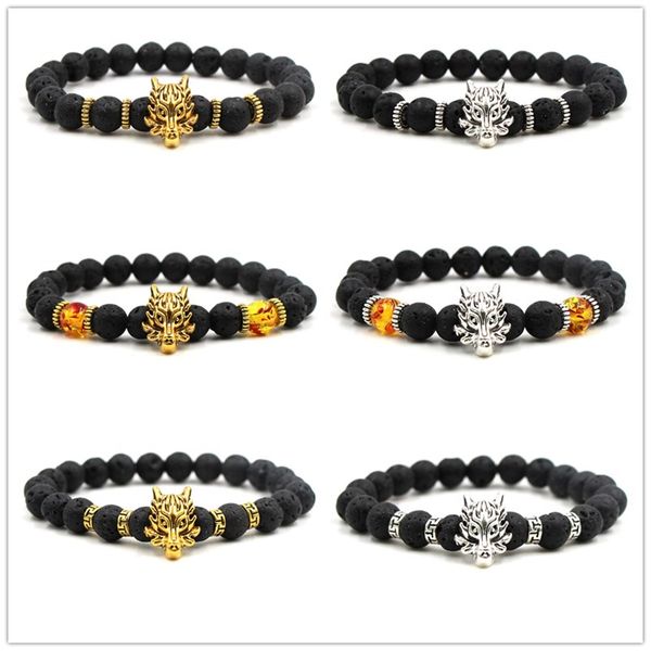 

fashion silver gold plated dragon head natural black lava stone elastic bracelet aromatherapy essential oil diffuser bracelet for women men, Golden;silver