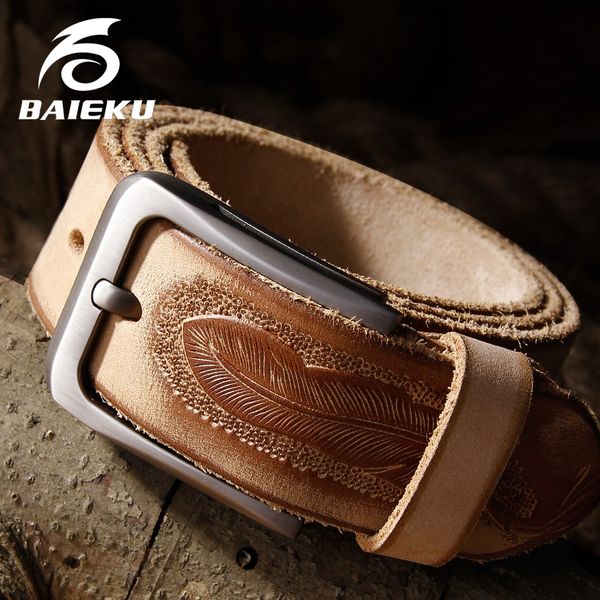 

leather embossed belt for men baieku full grain leather 2018 trendy retro new men's jeans accessories belts pin buckle belt, Black;brown