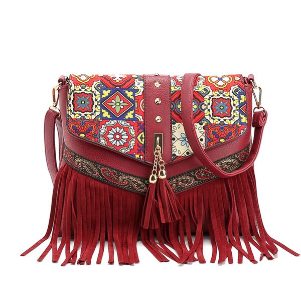 

vintage folk bohemia envelope messenger bag pu leather tassel ethnic cross body bags india nepal national wind handbags fringe