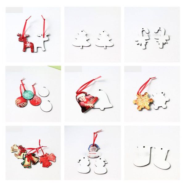 

sublimation mdf christmas ornaments decorations with red rope santa claus christmas tree heart transfer printing diy material 10 styles