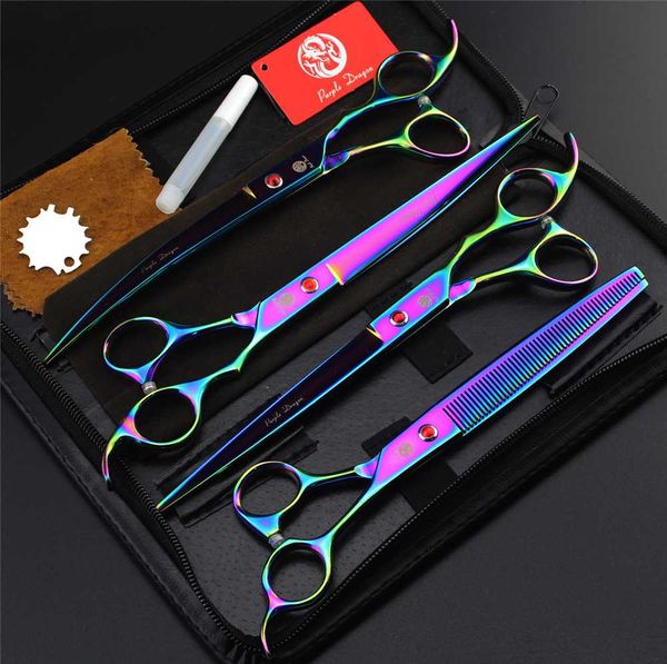 

4pcs/set 8.0 inch professional pet grooming scissors straight cutting & thinning & curved shears for dog grooming purple dragon