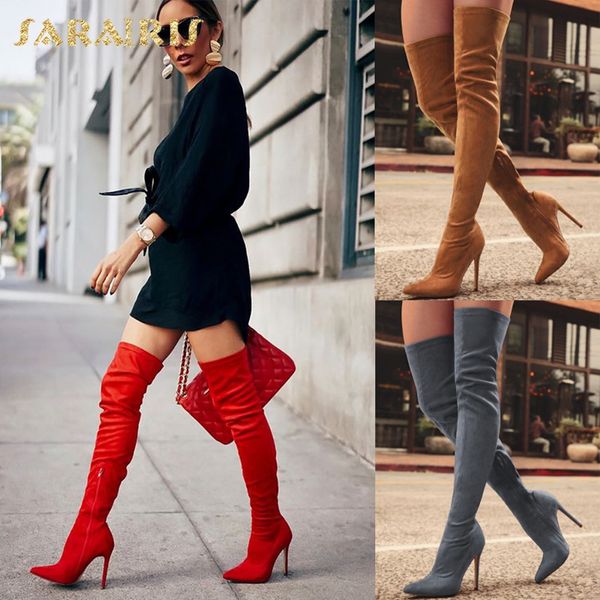 

sarairis 2018 brand design plus size 31-43 women's shoes boots suede thin high heels over-the-knee woman boots red black shoes