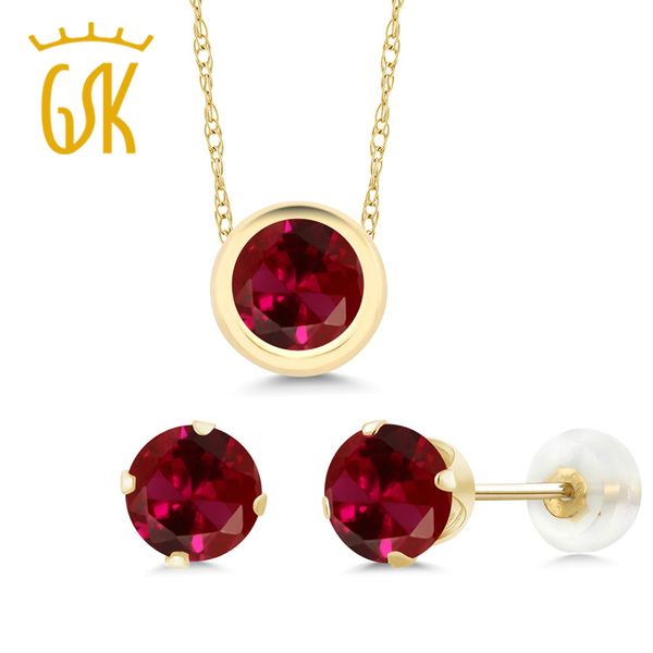 

gemstoneking 3.00 ct 6mm round red created ruby 14k yellow gold pendant earrings women luxury jewelry sets, Black