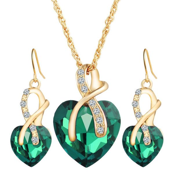 

heart crystal jewelry sets for women engagement bridal wedding necklace earrings set hollow charm rhinestone earring gold color, Silver