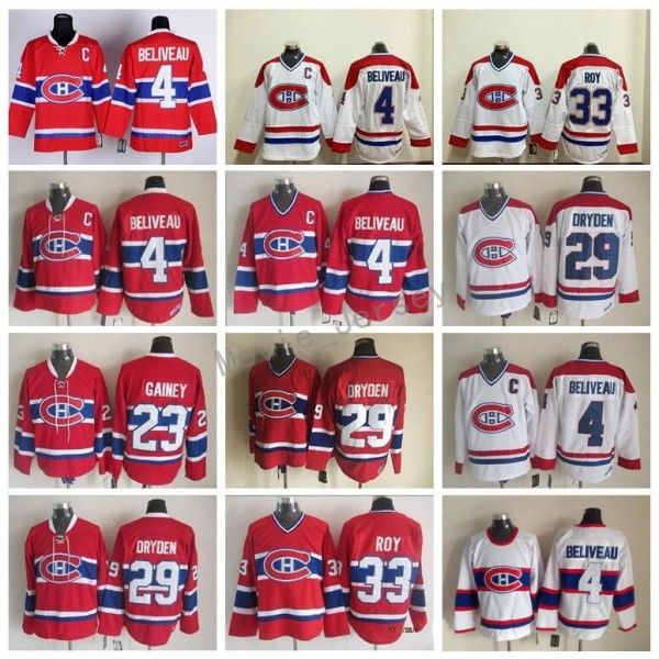 

Men 33 Patrick Roy Jersey Montreal Canadiens Vintage Classic Red White Hockey Jerseys 23 Bob Gainey 29 Ken Dryden 4 Jean Beliveau