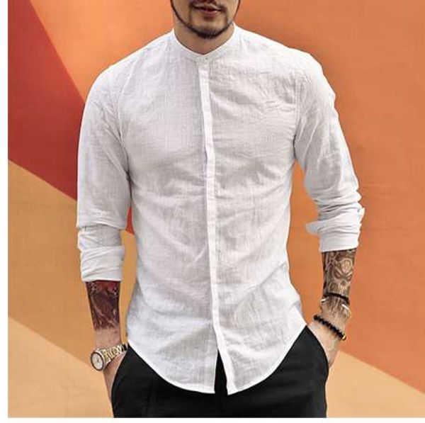 Casual Mandarin Yaka Gömlek Erkekler Pamuk Keten Tasarımcı Marka Slim Fit Man Gömlek Uzun Kollu Beyaz Gömlek Adam Giysileri Yaz