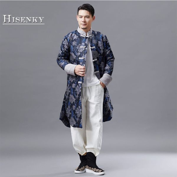 

hisenky 2018 autumn winter cotton-padded windbreaker new cut flower cotton jacket chinese traditional vintage long trench coat, Tan;black