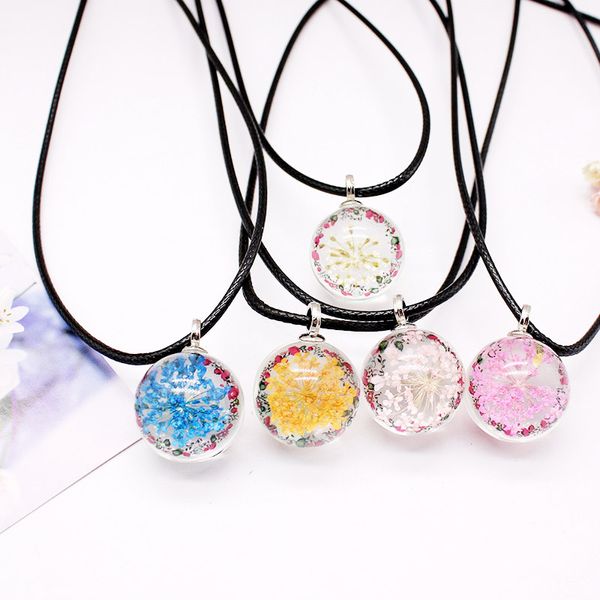 

9 colors dried flower choker pendant necklaces for women girls black leather rope chain glass ball charm necklace pink blue bohemia handmade, Silver