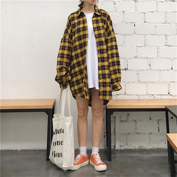 

harajuku casual plaid oversized long loose shirts women 2018 spring and summer boyfriend style blouses vintage female, White