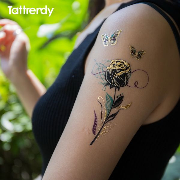 Acheter Tatouages Temporaires Or Flash Bras Métallique épaule Autocollant Noir Henné Femmes Bijoux Imperméable Magnifique Paon Plume Rose De 3445