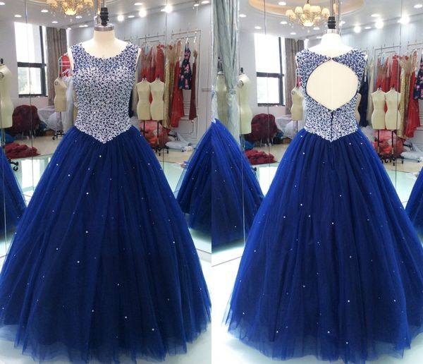 

sparkly navy blue beaded pearls evening dresses ball gown sheer neck keyhole back tulle pleated floor length prom party dresses, Black;red