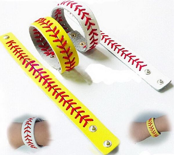 2018 n braccialetto sportivo da baseball softball - vero braccialetto in pelle da baseball, pelle softball gialla con cuciture rosse cuciture Baseball in pelle