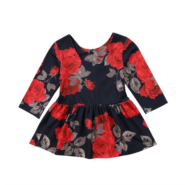 

2018 fashion newborn baby girls cotton floral long sleeve party pageant prom dress clothes casual 0-24m, Red;yellow