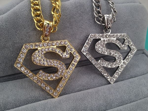 

hip hop superman mark with diamond pendant necklace with corn chain 24k gold plated, hign quality and ing, Silver