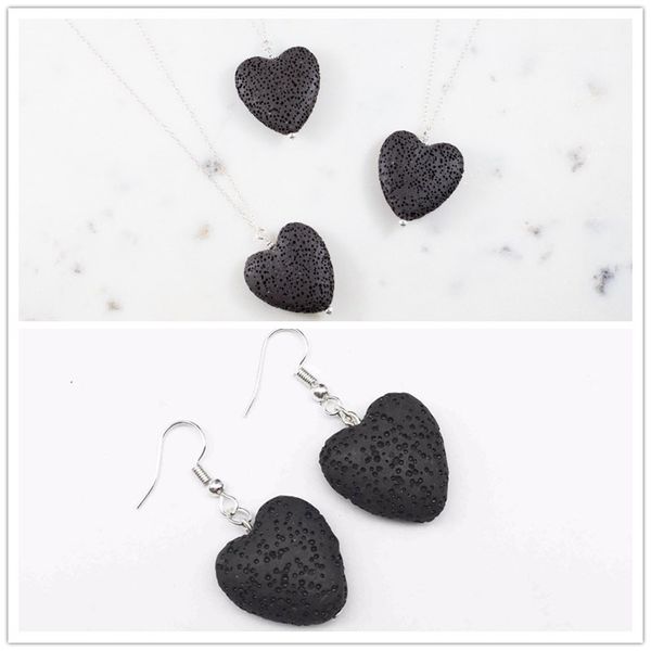 

мода черное сердце любовь лава камень ожерелье серьги ювелирные наборы ароматерапия эфирное масло диффузор ожерелье серьги, Silver