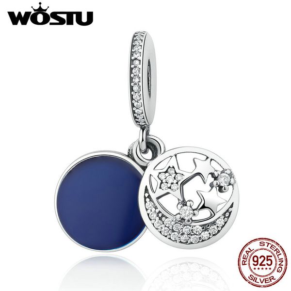 

100% 925 sterling silver lovely night moon & stars dangle charms fit original wst bracelet authentic diy jewelry gift, Bronze;silver